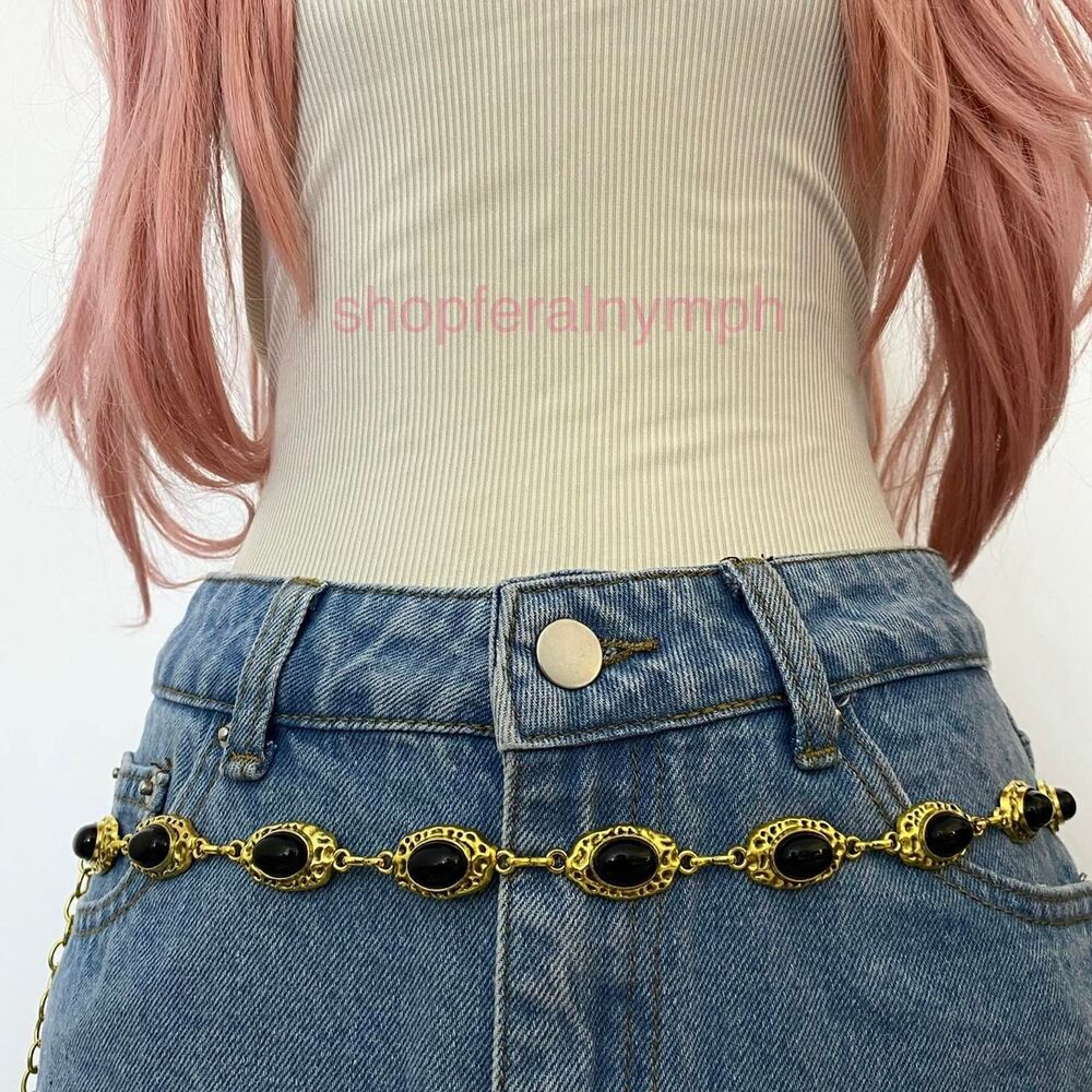 Gold Y2K Black Stone Boho Oval Waist Chain Belt, Fits 19 to 39 Inches, X7GA1504